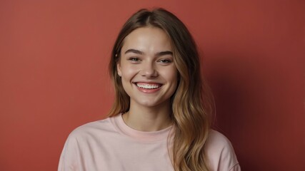Fototapeta premium teenage european woman on pastel red background model close-up smiling with beautiful teeth for ad concept space for text