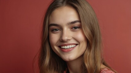 Naklejka premium teenage european woman on pastel red background model close-up smiling with beautiful teeth for ad concept space for text
