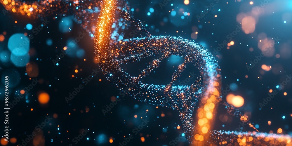 Poster a captivating close-up of a digital dna strand highlighted with glowing particles, symbolizing genet