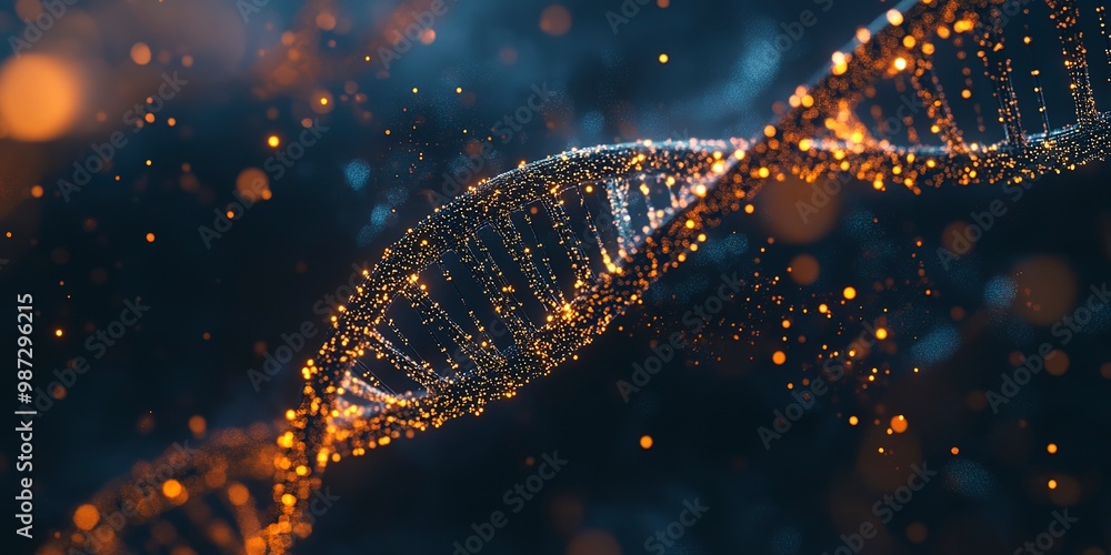 Poster a captivating close-up of a digital dna strand highlighted with glowing particles, symbolizing genet