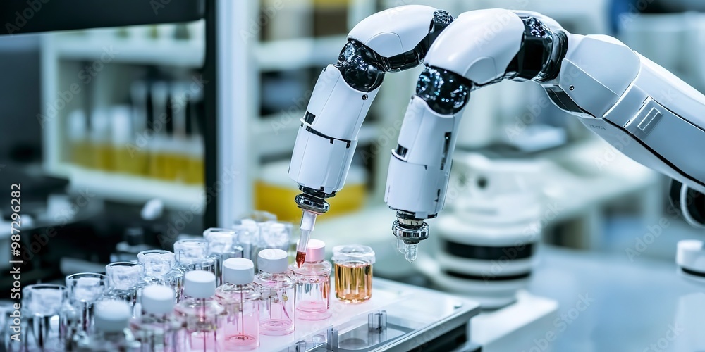 Poster a biotech lab with robotic arms conducting experiments on synthetic tissues