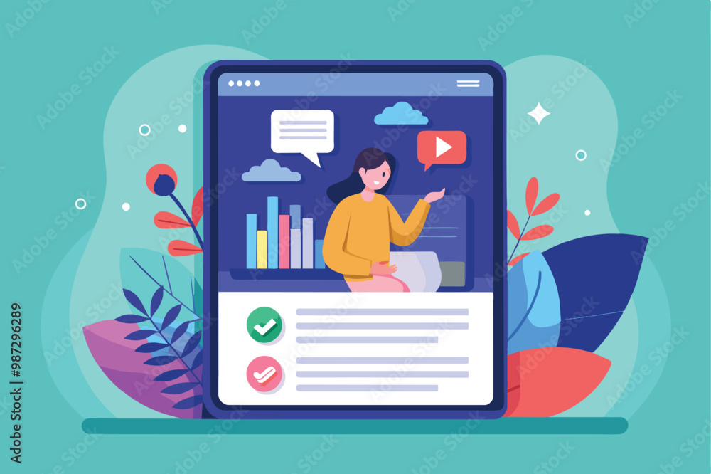 Poster illustration of digital marketing concept showing a person interacting with data analytics and multi