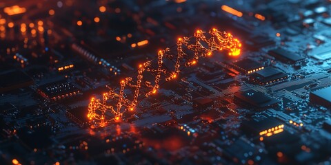 3D Illustration of DNA Strand on Circuit Board 