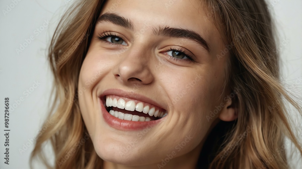 Wall mural teenage caucasian woman on white background model close-up smiling with beautiful teeth for ad concept space for text