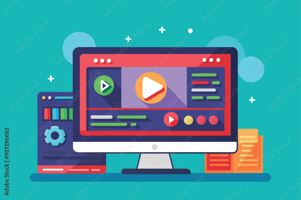 Poster illustration of a computer screen displaying a colorful video editing software interface with play b