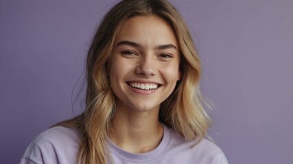 Fototapeta premium teenage caucasian woman on pastel purple background model close-up smiling with beautiful teeth for ad concept space for text