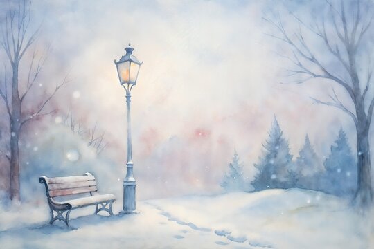 Snowy winter park scene with lamp post and bench against misty background