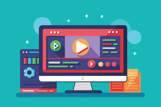 Illustration of a computer screen displaying a colorful video editing software interface with play button icons and coding elements on a teal background.