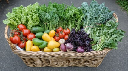 Fototapeta premium A basket filled with fresh produce from a local farmer market, overflowing with leafy greens, tomatoes, and root vegetables