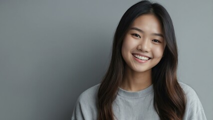 Fototapeta premium teenage asian woman on pastel gray background model close-up smiling with beautiful teeth for ad concept space for text