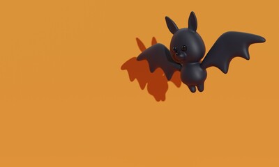 Cute cartoon dark bat flying on orange background. 3d rendering 