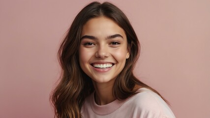 Obraz premium teenage american woman on pastel pink background model close-up smiling with beautiful teeth for ad concept space for text
