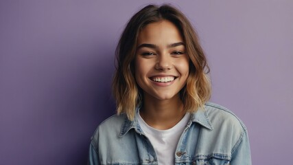 Fototapeta premium teenage american woman on pastel purple background model close-up smiling with beautiful teeth for ad concept space for text