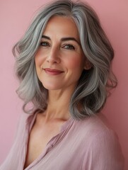 Naklejka premium A woman with gray hair is smiling and wearing a pink shirt