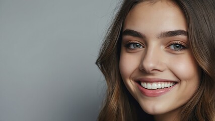 Naklejka premium teenage american woman on pastel gray background model close-up smiling with beautiful teeth for ad concept space for text