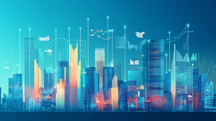 Naklejka premium City skyline with skyscrapers where building facades display business graphs and trend