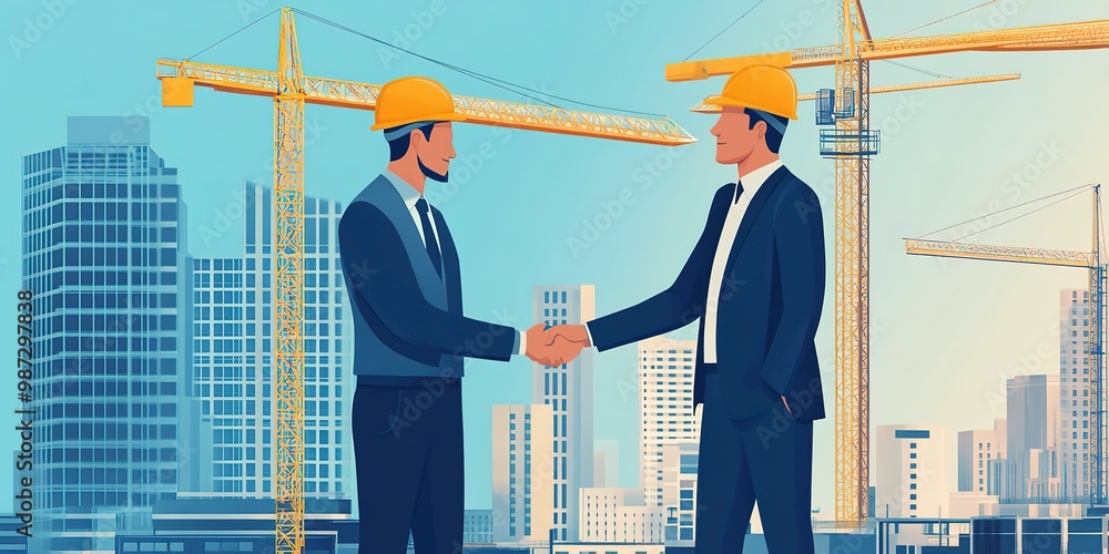 Wall mural Businessman and engineer handshaking at construction site 