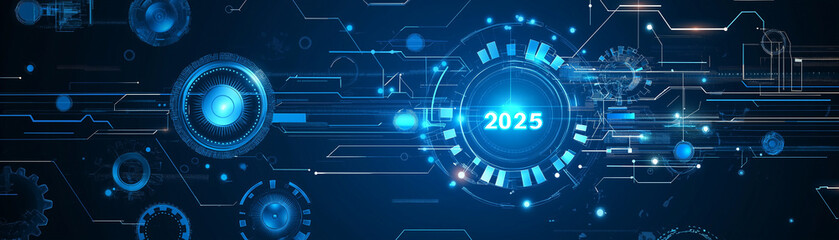 Blueprint or schematic with gears, where 2025 is at the center