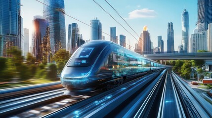 Futuristic high-speed train traveling through a modern cityscape.