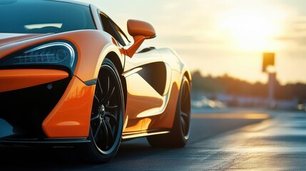 A bright orange sports car is parked on a road
