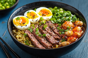 a delicious ramen bowl featuring tender beef and soft-boiled eggs, beautifully presented on a blue wooden table