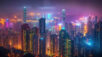 Obraz premium A city skyline at night with a purple hue
