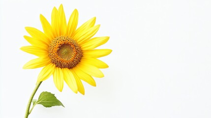 Naklejka premium A single sunflower with green leaves on a white background.