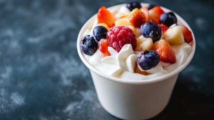 A cup of sweetened, flavored yogurt with fruit toppings, marketed as healthy but filled with sugar and artificial flavors