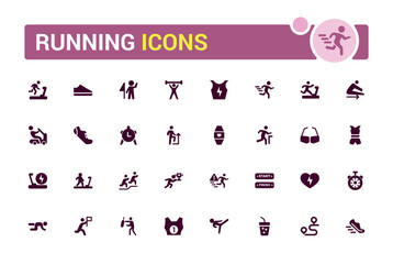 Running icons set. Solid set of running vector icons for ui design. Filled symbol collection. Vector illustration.