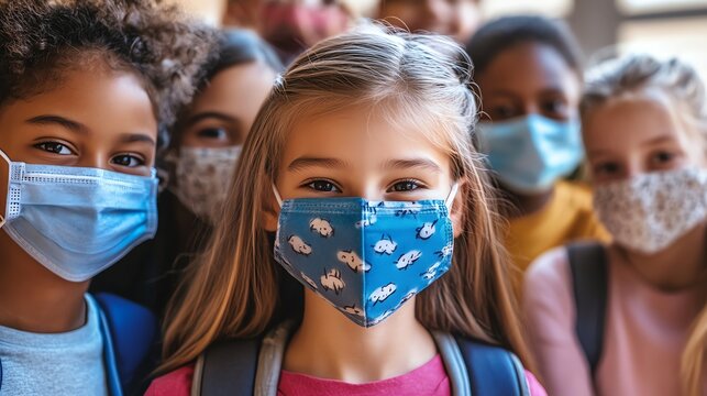A group of elementary school children wearing face masks stand in a hallway. - Powered by Adobe