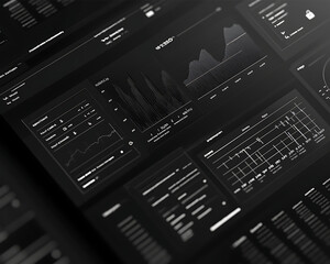 Minimalist dashboard with several graphs and charts, dark monochrome