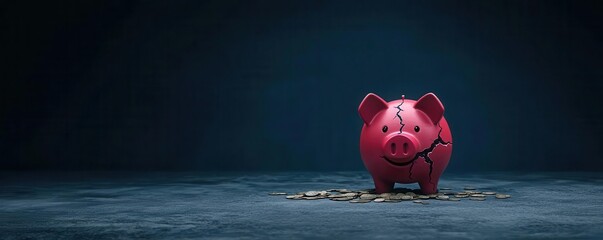 A cracked red piggy bank sits alone in a shadowy space, symbolizing broken finances or lost savings.