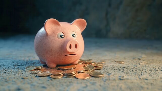 A cute pink piggy bank surrounded by scattered coins, symbolizing saving and financial management in a rustic setting.