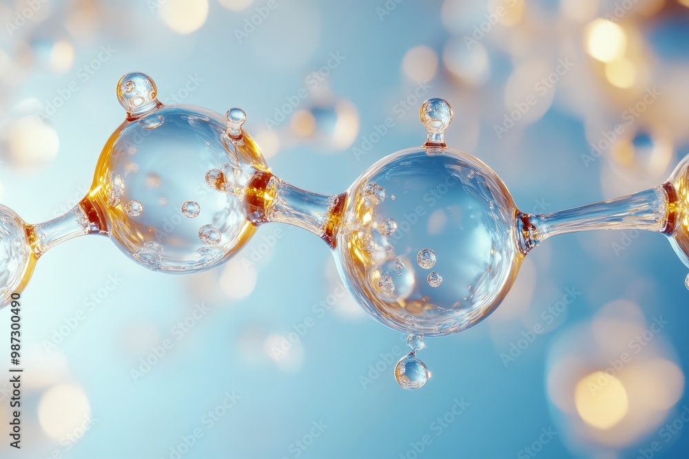 Poster molecular chain: glassy spheres linked in a dynamic, luminous structure evoke the beauty and complex