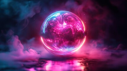 A beautiful crystal ball glows with pulsating neon lights and mist smoke background