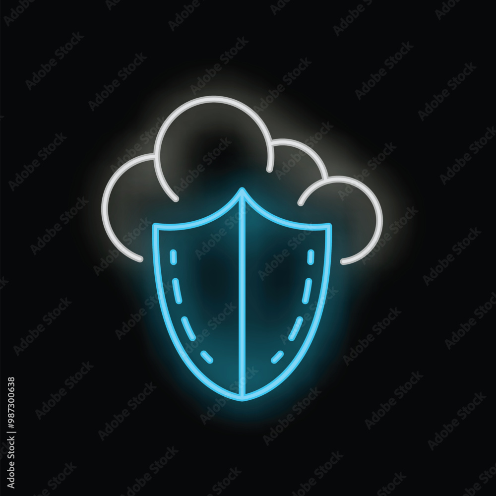 Poster neon blue shield protecting cloud computing and data storage, cybersecurity concept