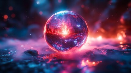 A mesmerizing glass orb glows with swirling iridescent neon lights around it mist smoke background
