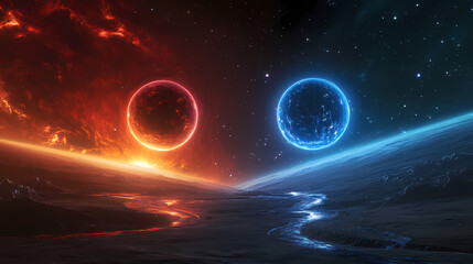 Generative AI, Alien Planets Under Red and Blue Suns in Deep Space