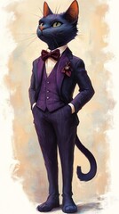 Naklejka premium Elegant portrait of a purple feline in fashionable burgundy attire
