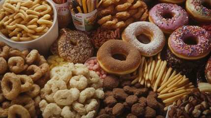 A display of trans fat foods, from donuts to fried snacks, emphasizing the unhealthy fats commonly found in junk food