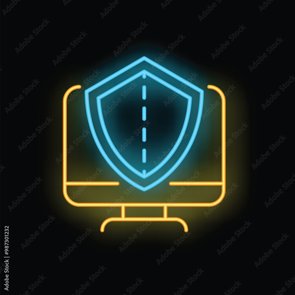 Poster glowing neon icon of a shield protecting a desktop computer, representing the concept of cybersecuri