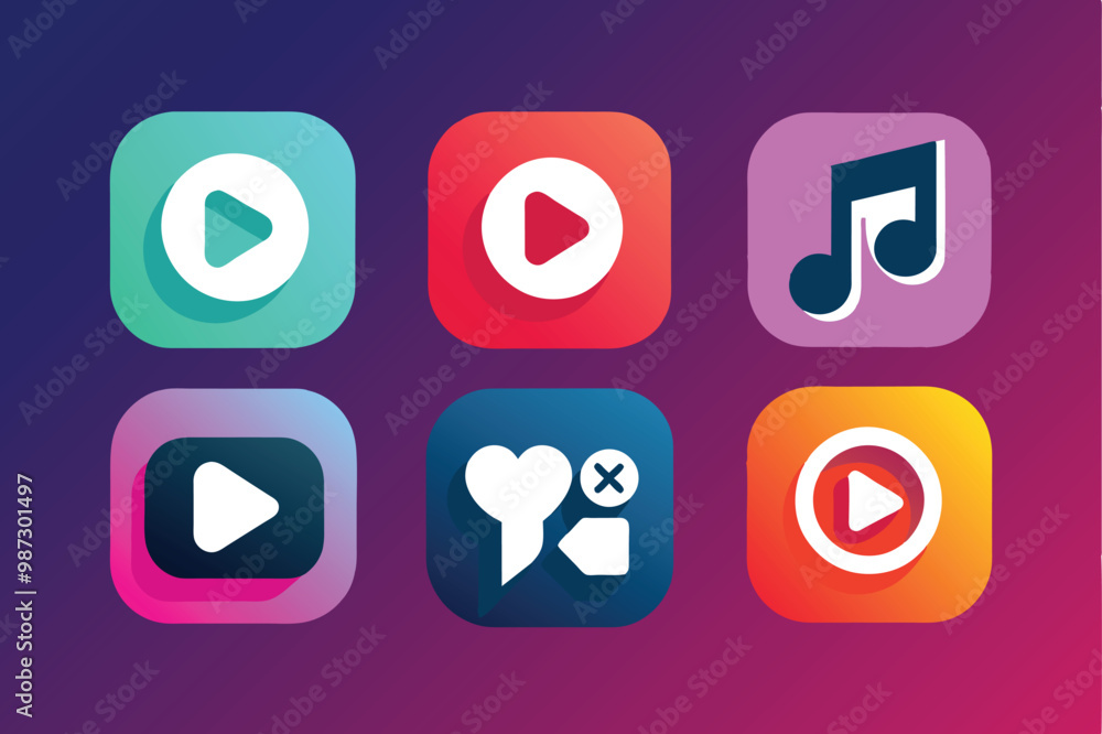 Aufkleber colorful media app icons including play buttons and music notes on a gradient background.