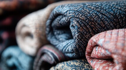 A close-up shot of several rolled fabrics with different textures, colors, and patterns, showcasing a rich array of textile designs, perfect for fashion and interior design projects.