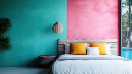 A stylish bedroom featuring a striking combination of teal and pink walls, a comfortable bed adorned with yellow pillows, and contemporary elements that create a chic and vibrant space.
