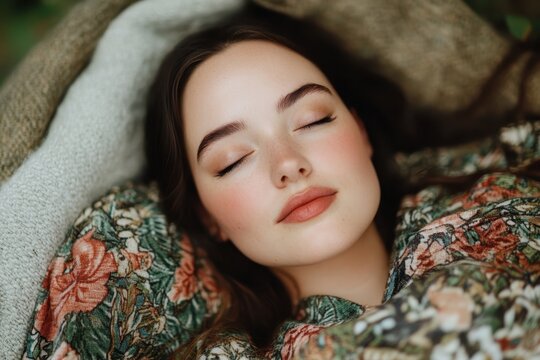 Serene Plus-Size Woman Relaxing on a Blanket in Enchanting Forest Clearing - Peaceful Nature Retreat Concept