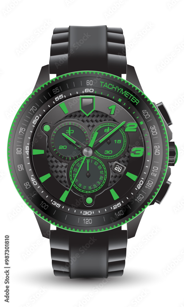 Wall mural realistic watch chronograph steel black rubber clockwise green arrow number fashion for men design l