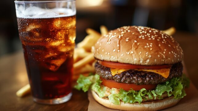 A fast food combo meal featuring a large burger, fries, and soda, emphasizing the excessive calorie intake in one meal