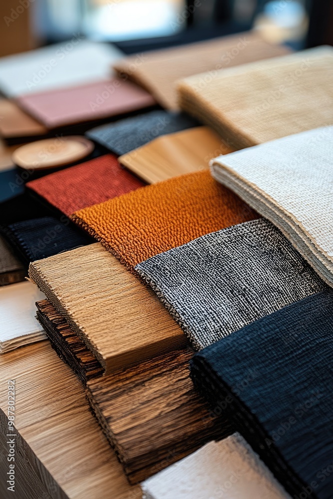 Poster a collection of fabric swatches in various colors and textures displayed on a table.