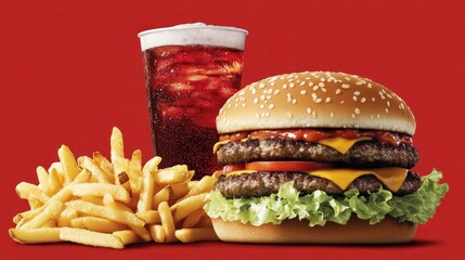 A fast food combo meal with a triple burger, large fries, and extra-large soda, showcasing its high calorie and fat content