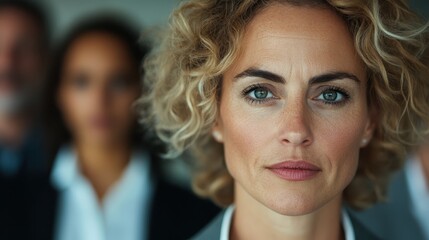 An intense, serious businesswoman glances forward, exuding determination and ambition against a corporate backdrop, embodying strength and focus in her gaze.